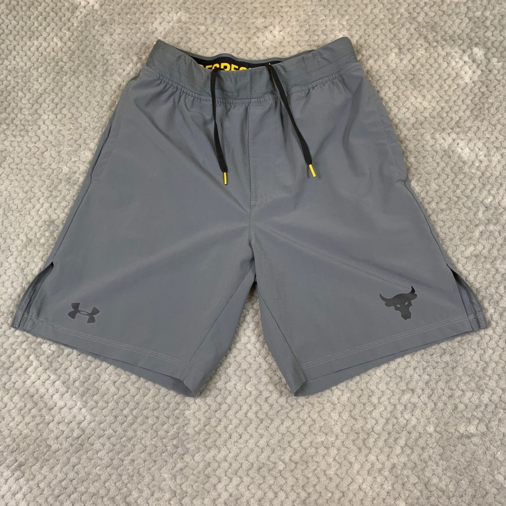 Under Armour Project Rock Shorts Mens Small Gray HeatGear Training Brahma Bull